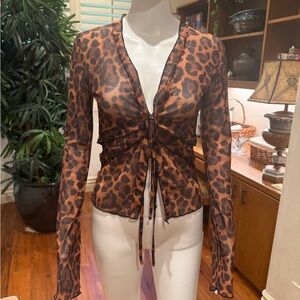 Sheer Leopard Print Tie-Front Long Sleeve Top - Brown